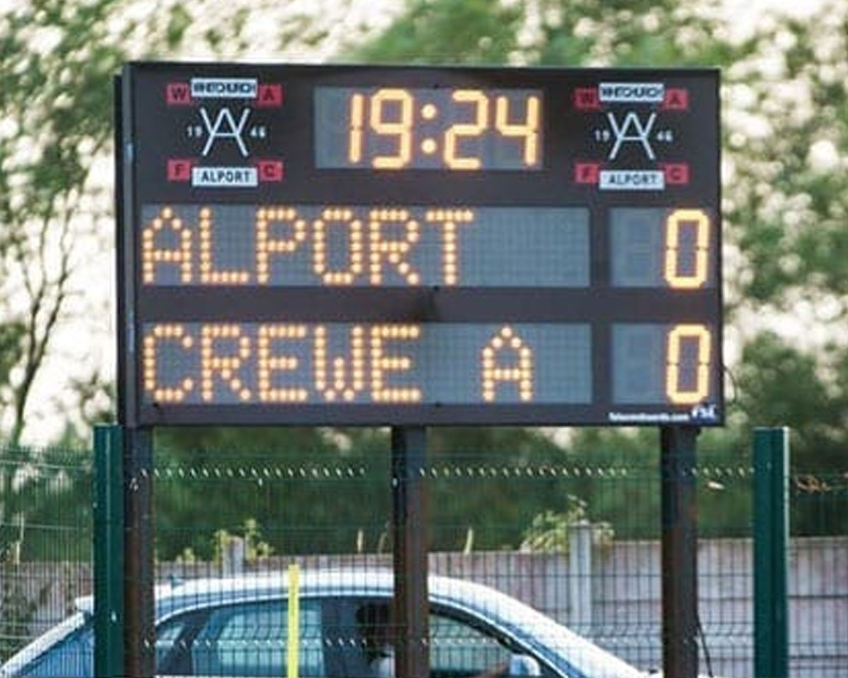 F03 Club Branded Football Scoreboard with Digital Team Names and Clock